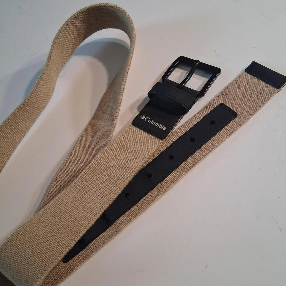 Mens Columbia tan & black canvas belt with stretch leather details